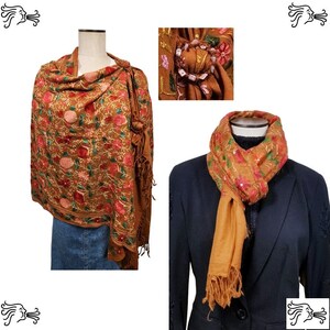 Cinnamon Brown Heavily Embroidered Kashmir 100% Wool 4 Way Ponchos Pashmina Scarf Wrap with Scarf Buckle or Tassel Accent