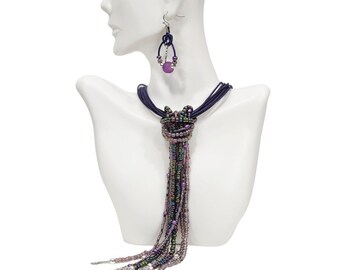 Multistrand Eggplant Purple Leather Choker w/ Beaded Strands Necklace & Celtic Knot Earrings