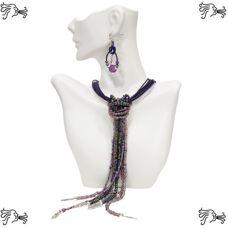Multistrand Eggplant Purple Leather Choker w/ Beaded Strands Necklace & Celtic Knot Earrings