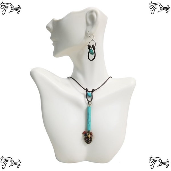 Turquoise Column with Charms Choker Necklace & Earrings Brown Hand knotted Leather