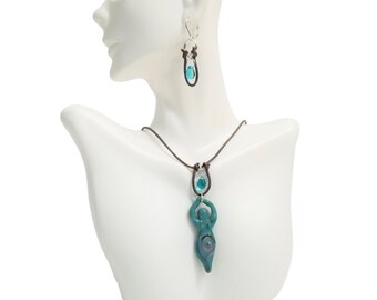 Handblown Lampwork Turquoise Green Goddess Pendant Choker Necklace & Earrings Brown Hand knotted Leather