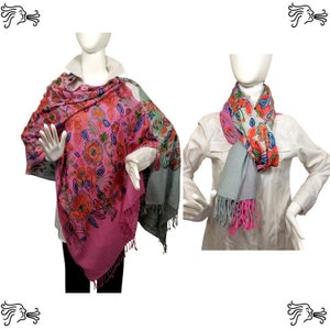 Ombre Deep Pink/Gray Embroidered Kashmir 100% Wool 4 Way Ponchos Pashmina Scarf Wrap with Tassel Accent