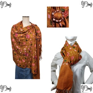 Cinnamon Brown  Embroidered Kashmir 100% Wool 4 Way Ponchos Pashmina Scarf Wrap with Scarf Buckle Tassel Accent