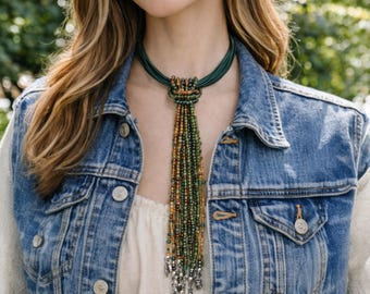 Multistrand Green Choker with Beaded Strands Necklace