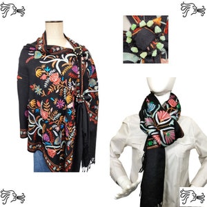 Black Mint Embroidered Kashmir 100% Wool 4 Way Ponchos Pashmina Scarf Wrap with Scarf Buckle or Tassel Accent