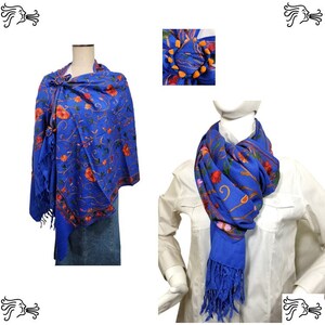 Royal Blue Swirl Embroidered Kashmir 100% Wool 4 Way Ponchos Pashmina Scarf Wrap with Scarf Buckle or Tassel Accent