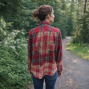 Upcycled Hand Painted Butterfly Dress Lady Flannel Shirt - Bleached Red L Unisex