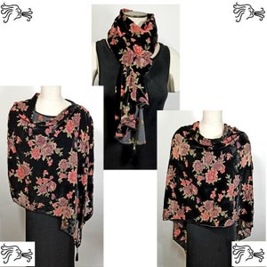 Black Red Rose Burnout Velvet Poncho Scarf Women Detachable Tassels Wrap Shawl