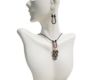 Enamel Owl Choker Necklace & Earrings  Brown Hand knotted Leather with Crystal Teardrop