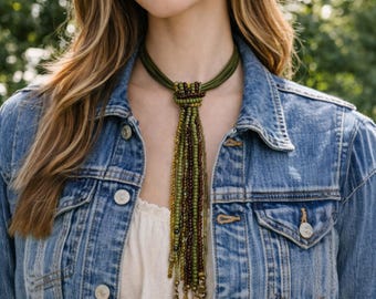 Multistrand Olive Green Leather Choker w/ Beaded Strands Necklace