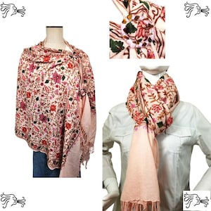 Pink Embroidered Kashmir 100% Wool 4 Way Ponchos Pashmina Scarf Wrap with Scarf Buckle or Tassel Accent