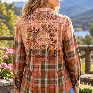 Upcycled Hand Painted Lady Face Flannel Shirt - Bleached Orange Green M