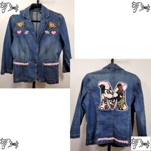 Upcycled Anna L Pailletten Mickey Mouse M Patch blau Jeansjacke Größe L blau Vintage ein von einer Art!!!