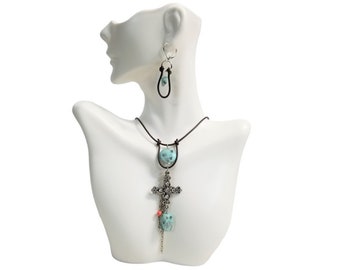 Rhinestone Cross Stone Choker Necklace & Earrings Brown Hand knotted Leather