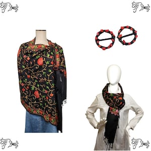Black Embroidered Kashmir 100% Wool 4 Way Ponchos Pashmina Scarf Wrap with Scarf Buckle or Tassel Accent