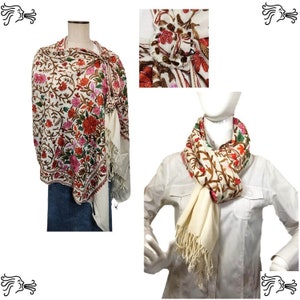 Cream Swirl Embroidered Kashmir 100% Wool 4 Way Ponchos Pashmina Scarf Wrap with Scarf Buckle or Tassel Accent