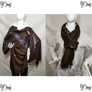 Brown & Blue Embroidered Kashmir 100% Wool 4 Way Ponchos Pashmina Scarf Wrap with Tassel Accent