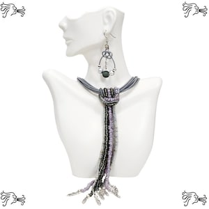 Multistrand Light Gray Choker with Beaded Strands Necklace & Earrings