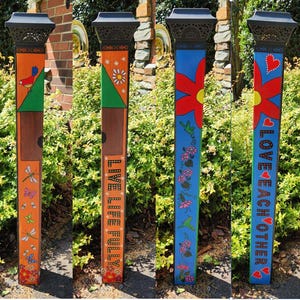 Garden Peace Pole Hand Painted with Solar Light Cap and Wire Stand Welcome Love and Live Can be Customized Yard Art