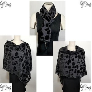 Schwarze Burnout Velvet Poncho Schal Frauen abnehmbaren Quasten Wrap Schal