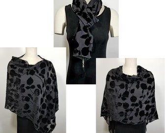 Poncho de terciopelo negro desgastado para mujer, chal con borlas desmontables