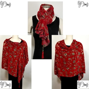 Rot grau Burnout Velvet Poncho Schal Frauen abnehmbaren Quasten Wrap Schal