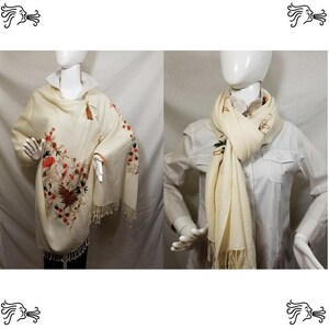 Ivory Embroidered Kashmir 100% Wool 4 Way Ponchos Pashmina Scarf Wrap with Tassel Accent