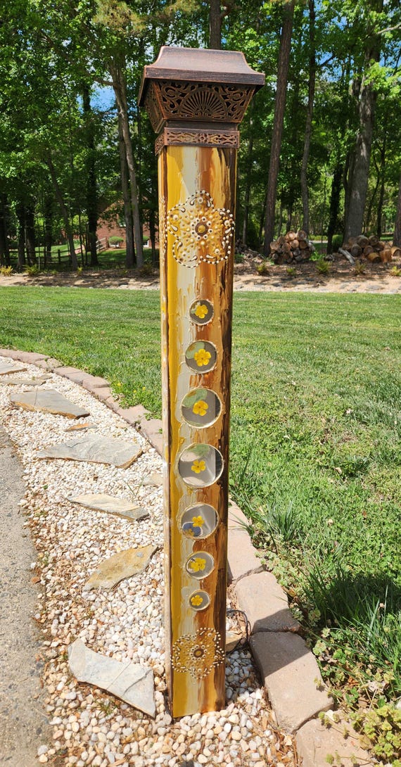Garden Peace Pole Hand Painted W/ Solar Light Cap & Wire  Garden Peace Pole Hand Painted w/ Solar Light Cap & Wire Stand Lighted 4 Sided main image 2