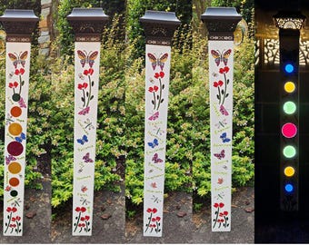 Garden Peace Pole Hand Painted with Solar Light Cap and Wire Stand Butterfly, Dragonflies and Bees Can be Customized Yard Art
