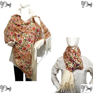Cream Brown Embroidered Kashmir 100% Wool 4 Way Ponchos Pashmina Scarf Wrap with Tassel Accent
