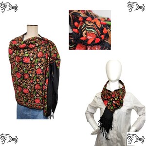 Black Red Embroidered Kashmir 100% Wool 4 Way Ponchos Pashmina Scarf Wrap with Tassel Accent