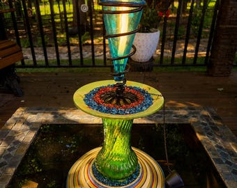 Upcycled Blue Green Red Tiki Torch Crushed Glass Accents