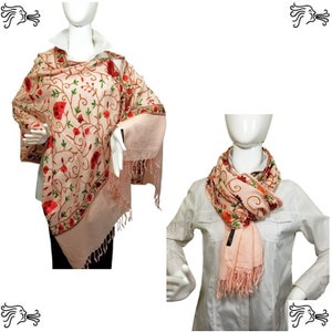Pink Embroidered Kashmir 100% Wool 4 Way Ponchos Pashmina Scarf Wrap with Tassel Accent