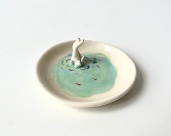 little dish with figure jumping into lake with fish, little mid splash into water with fish dish, trinket dish, ring dish, ring plate