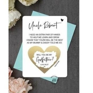 Will You Be My Godfather Godmother Godparents Scratch off Gold Card with Envelope Personalised Heart