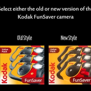 Puede incluir: Una comparaci&oacute;n de dos paquetes de valor de c&aacute;maras Kodak FunSaver etiquetados como Old Style y New Style. El texto dice: Select either the old or new version of the Kodak FunSaver camera. Cada paquete muestra c&aacute;maras desechables amarillas, rojas y negras.