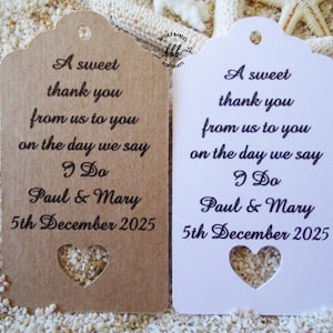 Gift Tags Wedding Favour Bomboniere Personalised A Sweet Thank You Heart cut out Love Heart