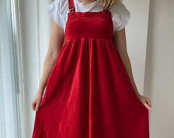 Samt Kleid 1970&#39;s, Vintage Rotes Velour Schürzenkleid von 1970&#39;, Rotes Retro Kleid, Jane Wikström, Größe S