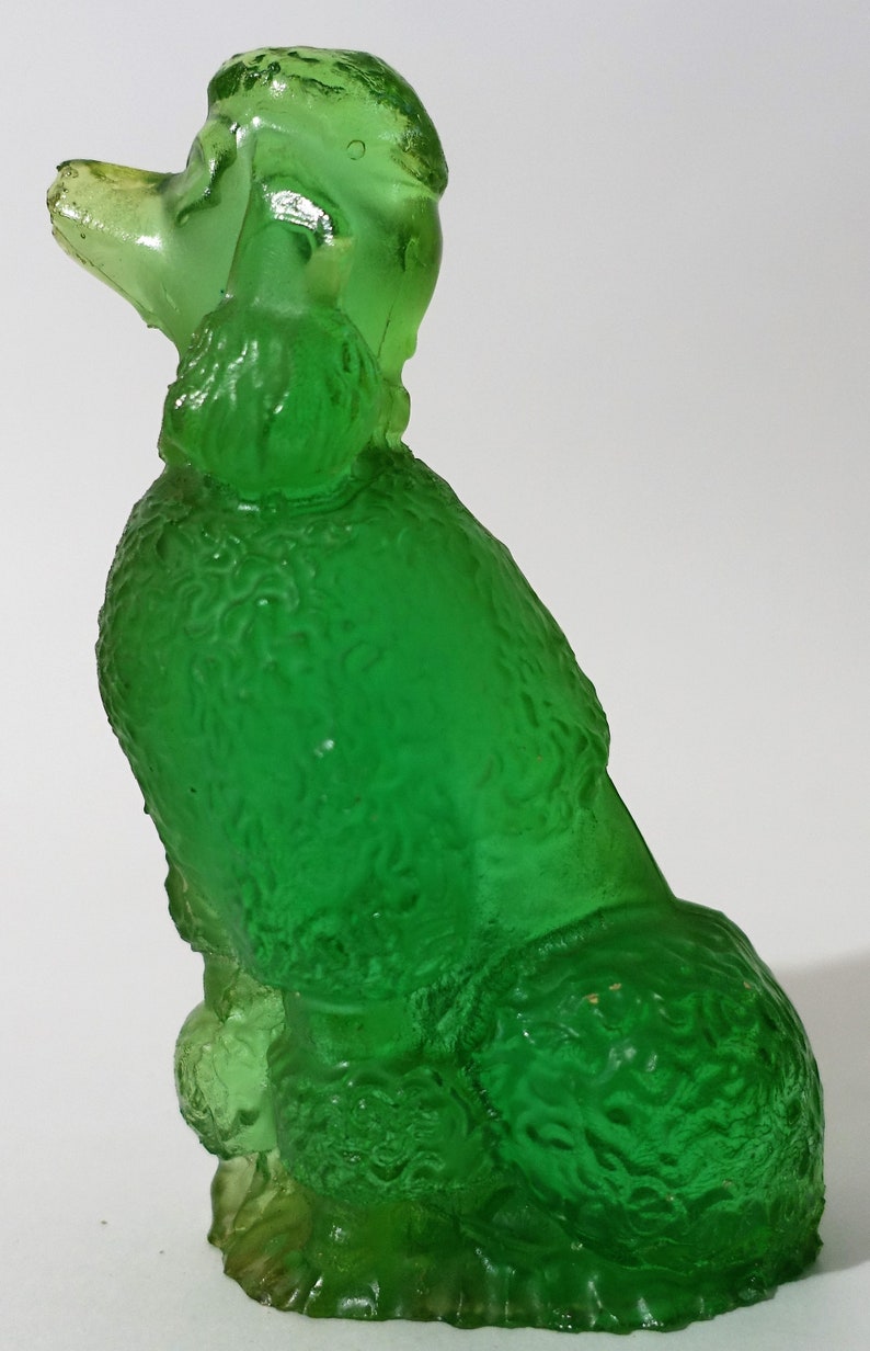 Vintage Mid Century Clear Green Plastic Fancy Standard Poodle Figurine; Lucite Kitschy Dog