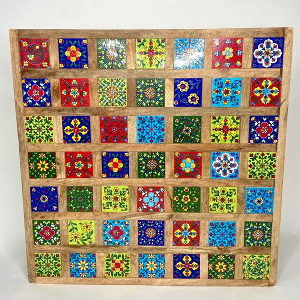 Vintage Handmade Monterey Style Top Table Riser 36 Colored Tiles Folk Art 18x18