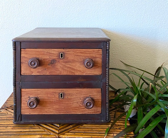 1800s Victorian Antique Two Drawer Wooden Box With Skeleton Key Locks  Jewelry Dresser Desk Decor 