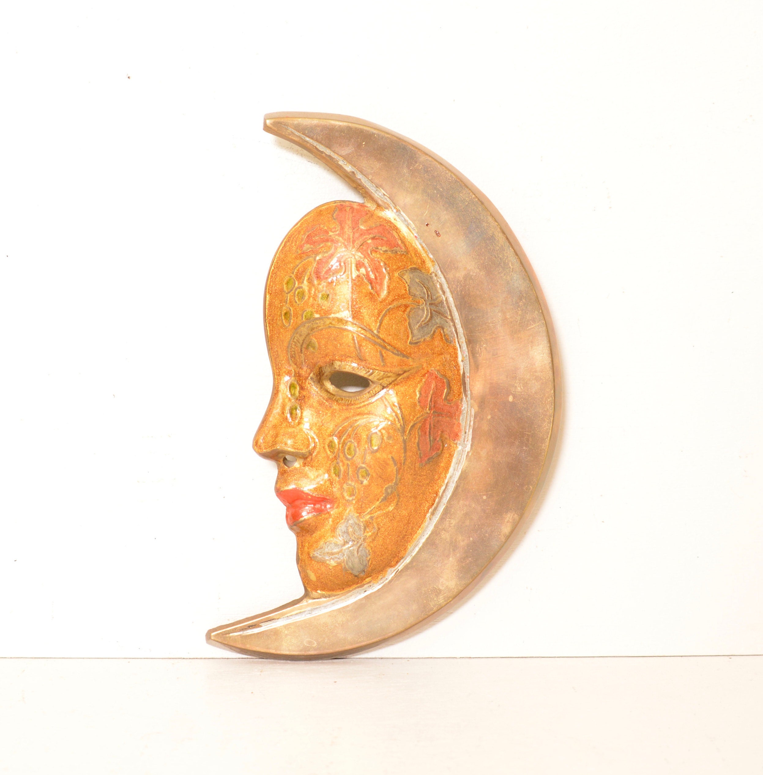 Vintage Brass Enamel Half Moon Face Wall Hanging Celestial Etsy
