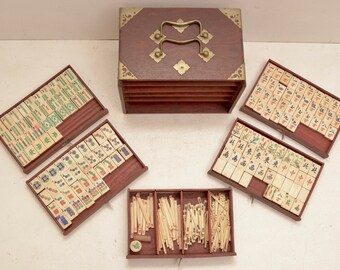 Vintage Mahjong Bone Bamboo Tile Game Set Wooden Box Drawers Asian Zen Dresser; FREE SHIPPING USA
