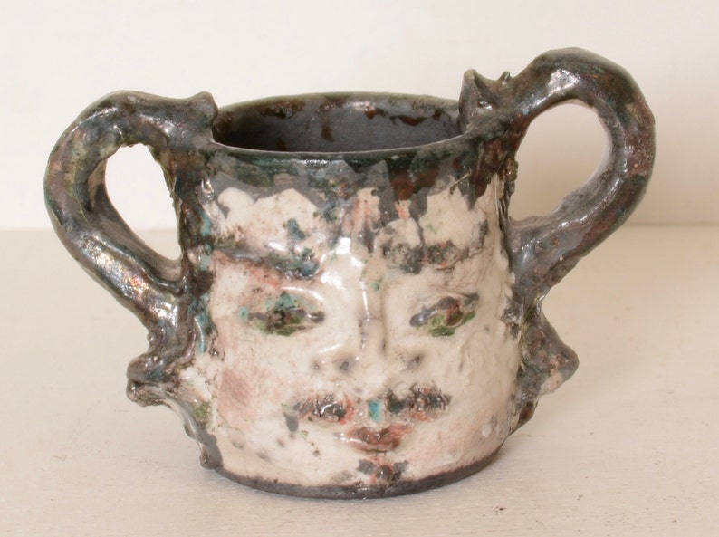 Vintage Pottery Two Handle Face Mug Weird Rare Art Artist Etsy