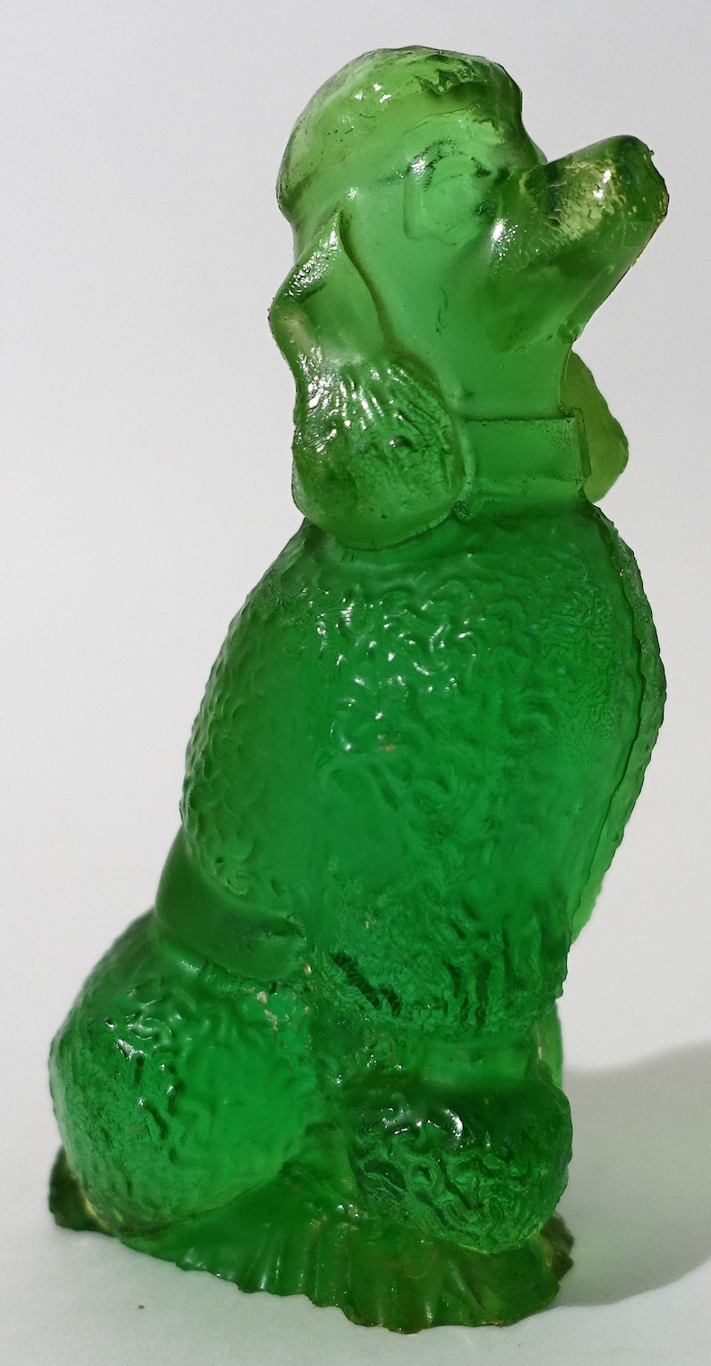 Vintage Mid Century Clear Green Plastic Fancy Standard Poodle Figurine; Lucite Kitschy Dog