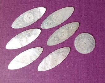 7 Victorian Era Mother of Pearl Gaming Poker Chips 1860s Engraved J Geometric Backside