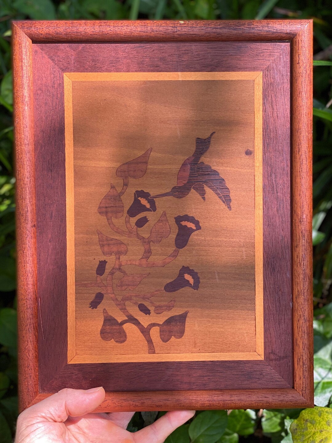 Inlaid Wood Art Marquetry Hummingbird Flowers Framed Wall Hanging Etsy