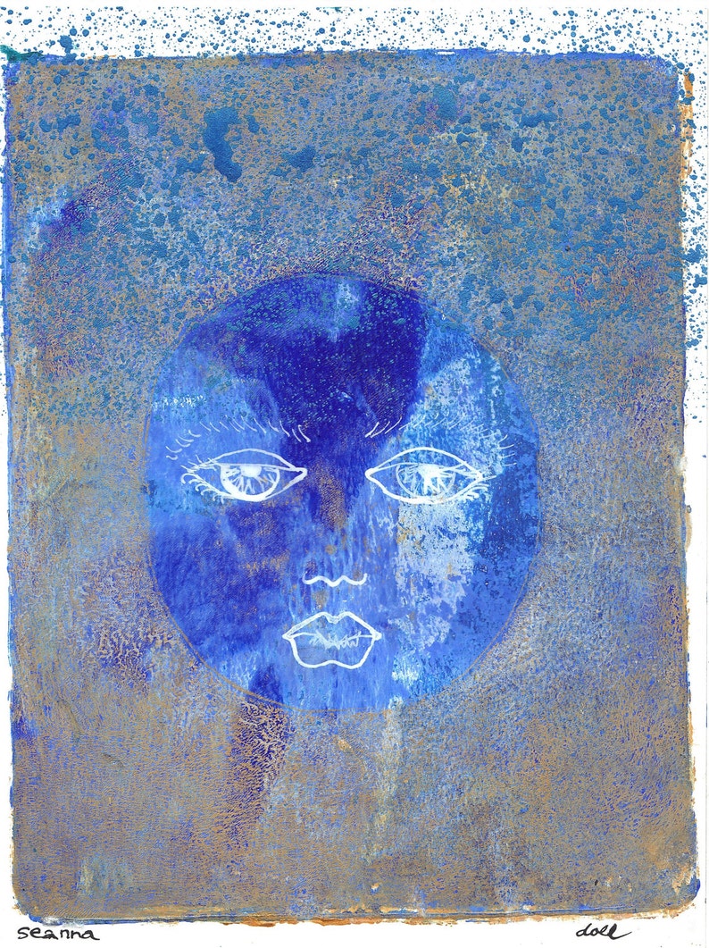 blue moon art blue gold art original art blue moon print woman moon blue art mother moon doll
