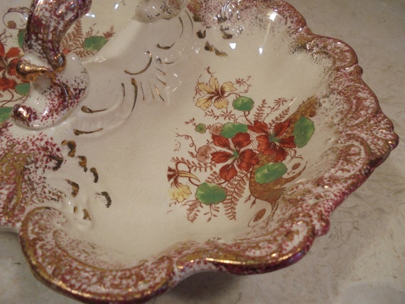 Antique Double Sided Handled Serving Dish Lobster Bowl Butterfly Shaped Dish Red Floral Motif Red Luster Ware Trim Deep Textured Scallops