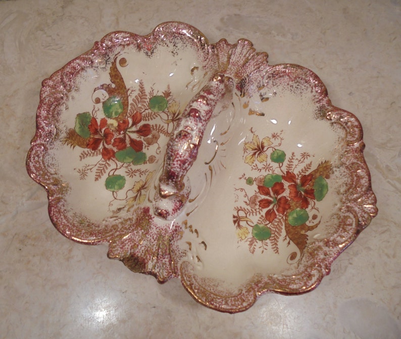 Antique Double Sided Handled Serving Dish Lobster Bowl Butterfly Shaped Dish Red Floral Motif Red Luster Ware Trim Deep Textured Scallops